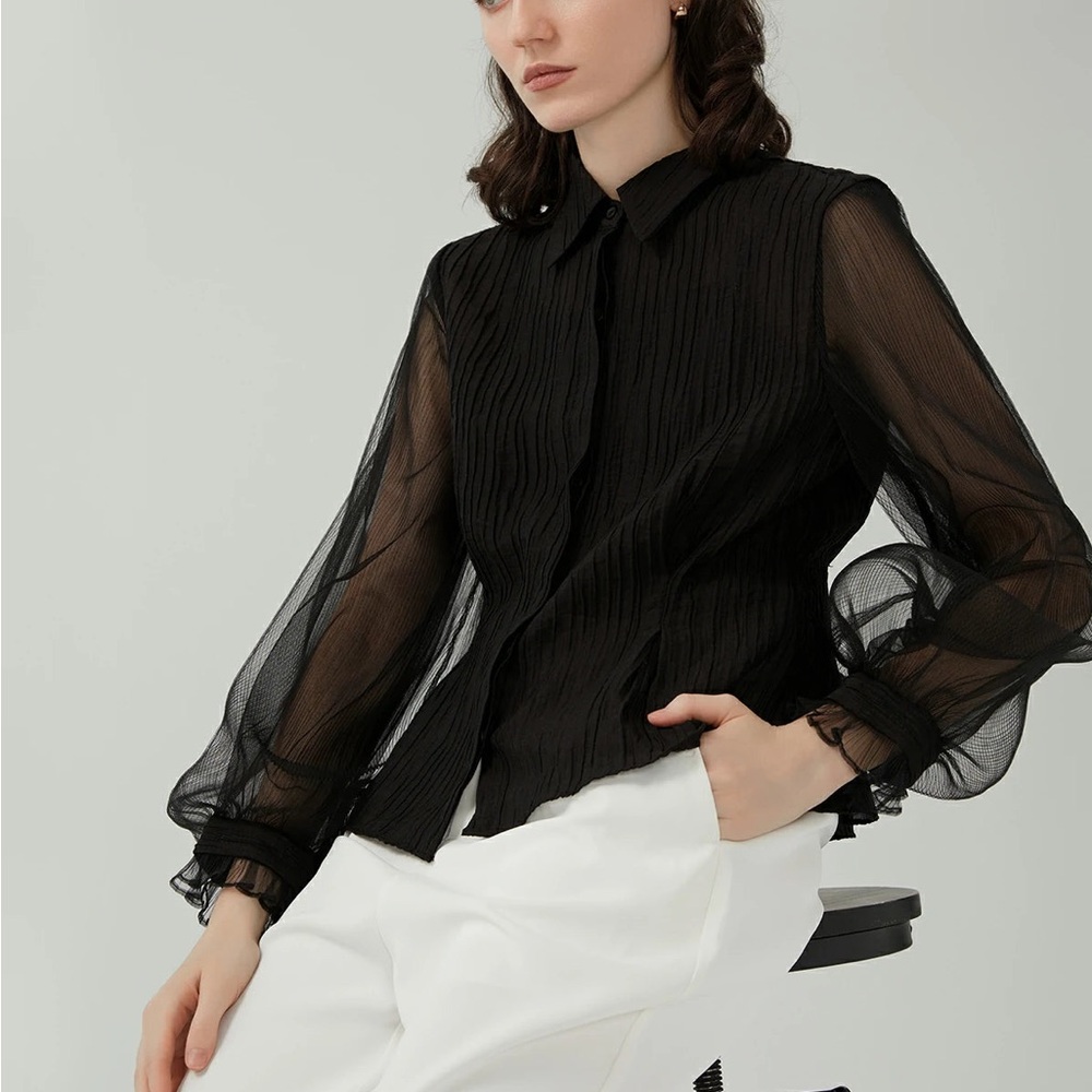 Lapel Texture Mesh Lantern Sleeve Blouse